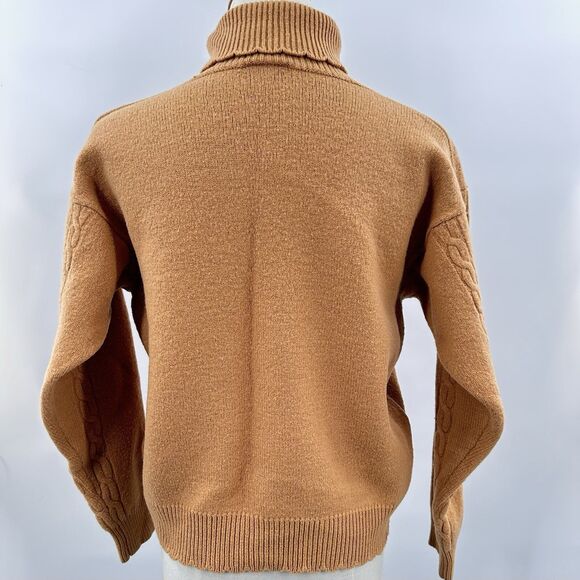 VTG Lambs Wool Turtleneck Sweater M 40 Pullover Cable Knit Crochet Rosette Brown - Picture 4 of 8